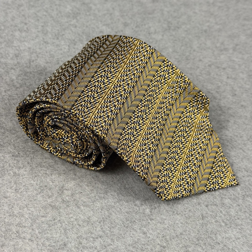 Vintage Garrick Anderson Silk Tie Gold Navy Geometric Stripe USA Made 56x4"